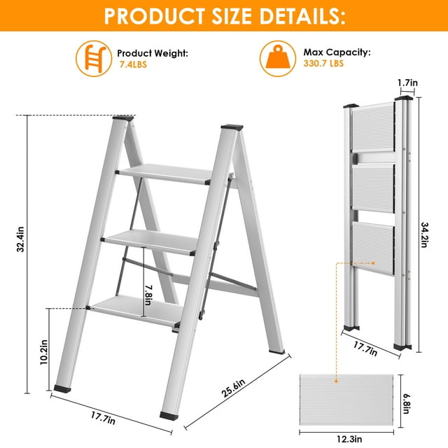 LAZY BUDDY Step Ladder Folding, Sturdy 330 Lbs Small Step Stool for Adults, Multi-use Kitchen Ladder for Home, Closet Step Stool Ladder with Anti-Slip Wide Pedals