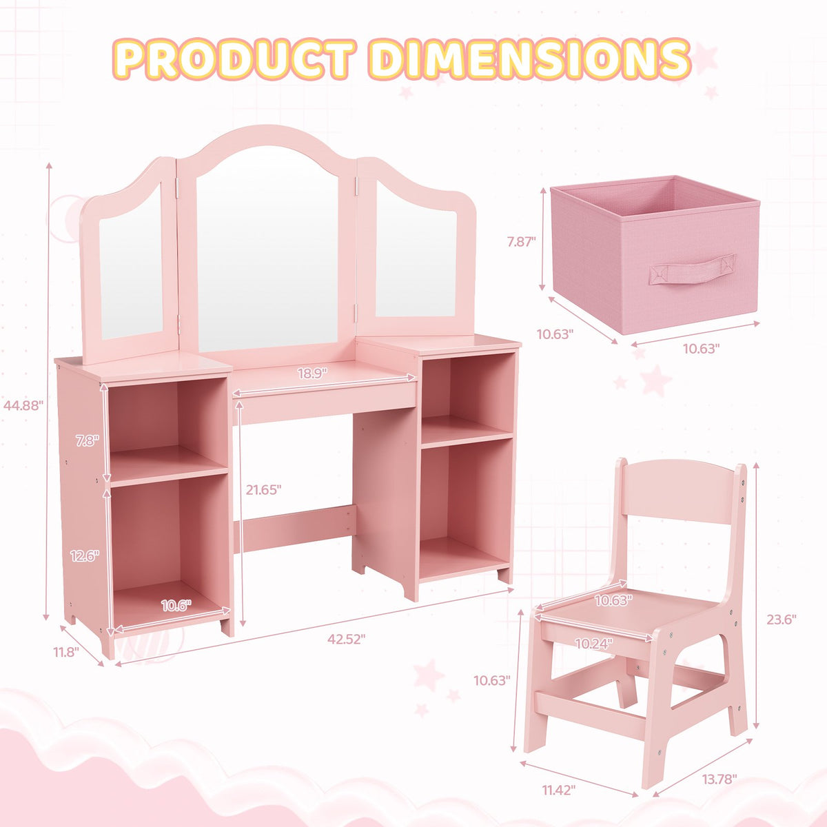 LAZY BUDDY Kids Vanity Set with Mirror and Stool, Toddler Makeup Dressing Table with Chair, Drawers & Storage Shelves, Wooden Princess Pretend Play Vanity for Girls Bedroom