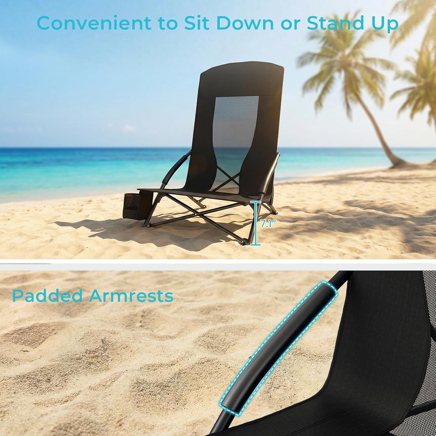LAZY BUDDY High Back Beach Chair Set of 2, Portable Folding Low Seat Chair for Camping, Beach, Outdoor Concert, 350lbs