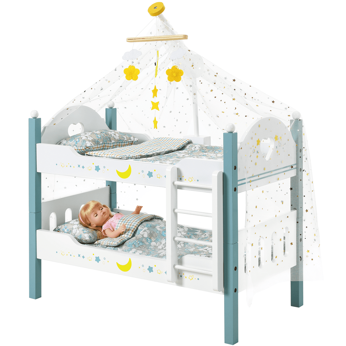 LAZY BUDDY Wooden Bunk Bed for Dolls up to 19in, Baby Dolls Crib with Bedding, Pretend Play Toy for Kids 3+