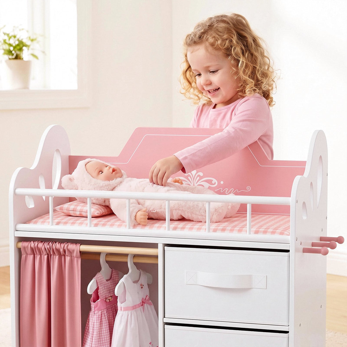 LAZY BUDDY Baby Doll Cirb, Wooden Doll Bed with 2 Storage Drawers, 2 Hangers, Pillow & Sheet