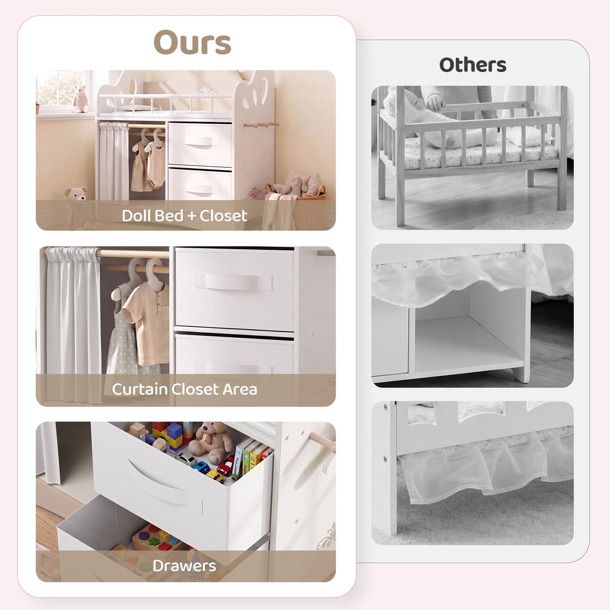 LAZY BUDDY Baby Doll Cirb, Wooden Doll Bed with 2 Storage Drawers, 2 Hangers, Pillow & Sheet