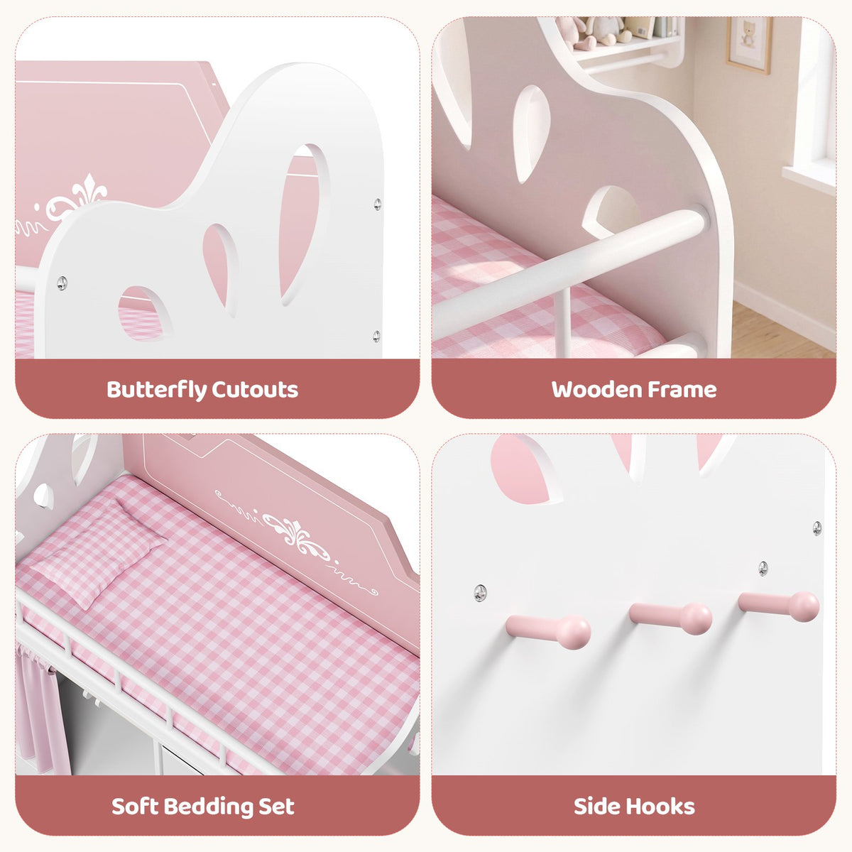 LAZY BUDDY Baby Doll Cirb, Wooden Doll Bed with 2 Storage Drawers, 2 Hangers, Pillow & Sheet