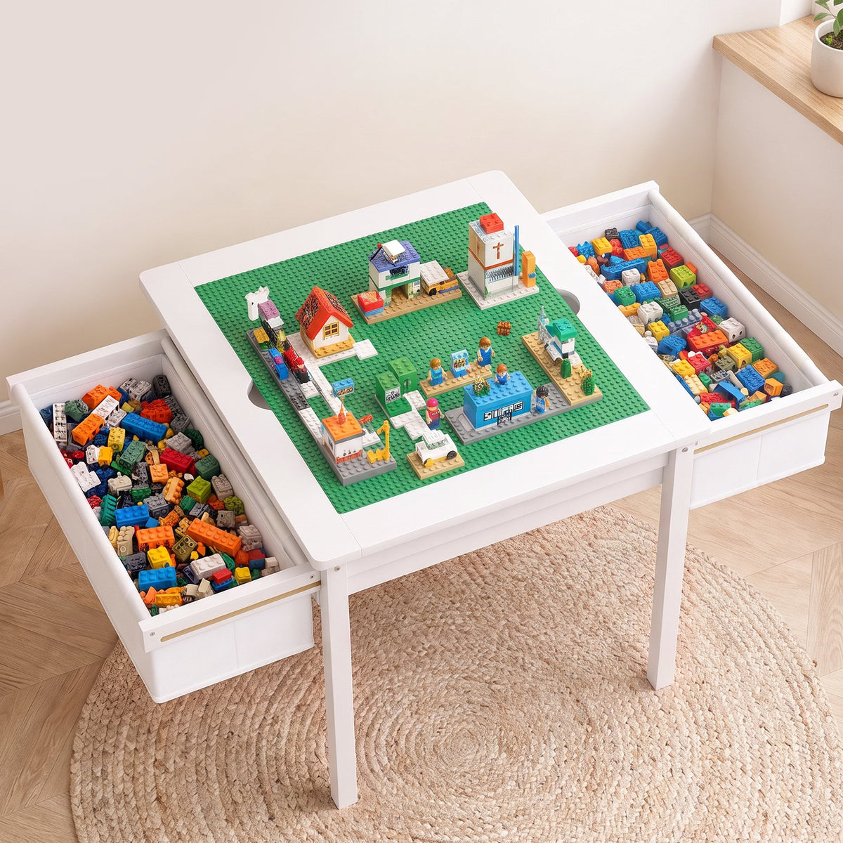 LAZY BUDDY Wooden Toddler Table and Chairs Set, Kids Play Activity Table Set with Reversible Tabletop & 2 Storage Drawers, for Drawing Reading Dining