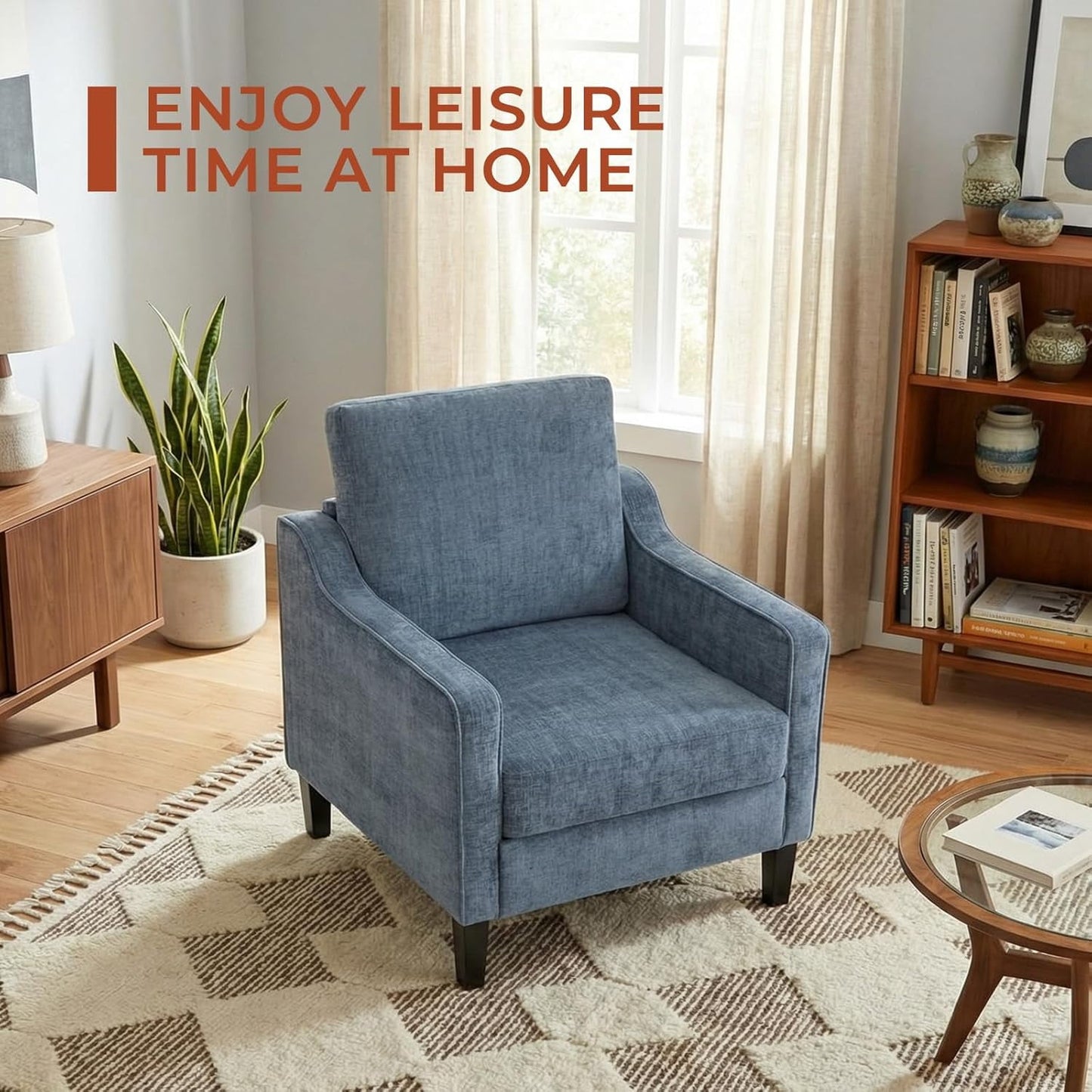 LAZY BUDDY Comfy Accent Chair for Living Room Bedroom and Waiting Room, Upholstered Mid-Century Reading Chair with Removable Cover & Wood Legs, Wide Singe Modern Lounge Sofa