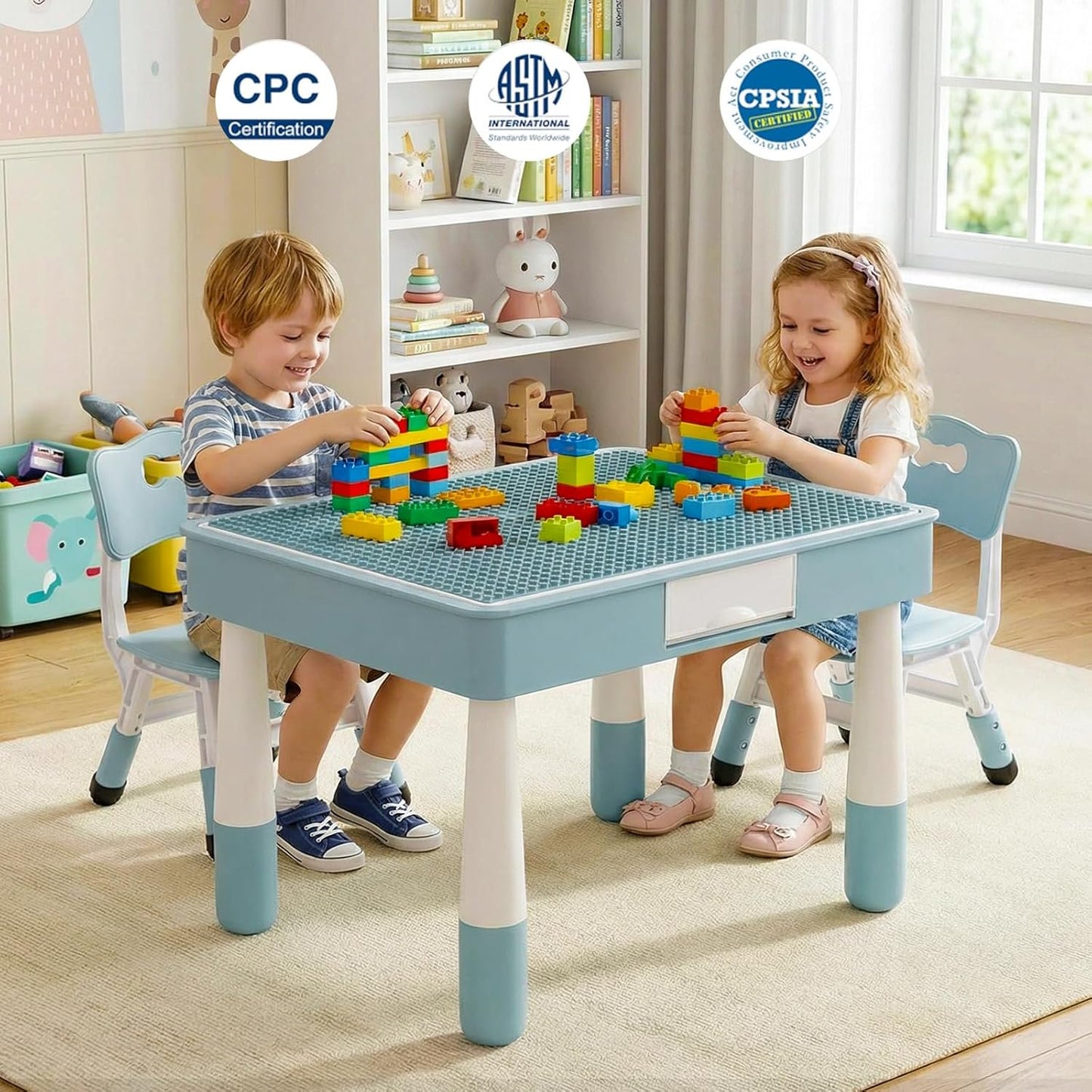 LAZY BUDDY Kids Table and Chairs Set with Storage, Height Adjustable Toddler Activity Table and 2 Chairs Set with 2 in 1 Graffiti/Block Building Desktop, for Playroom, Preschool, Classroom