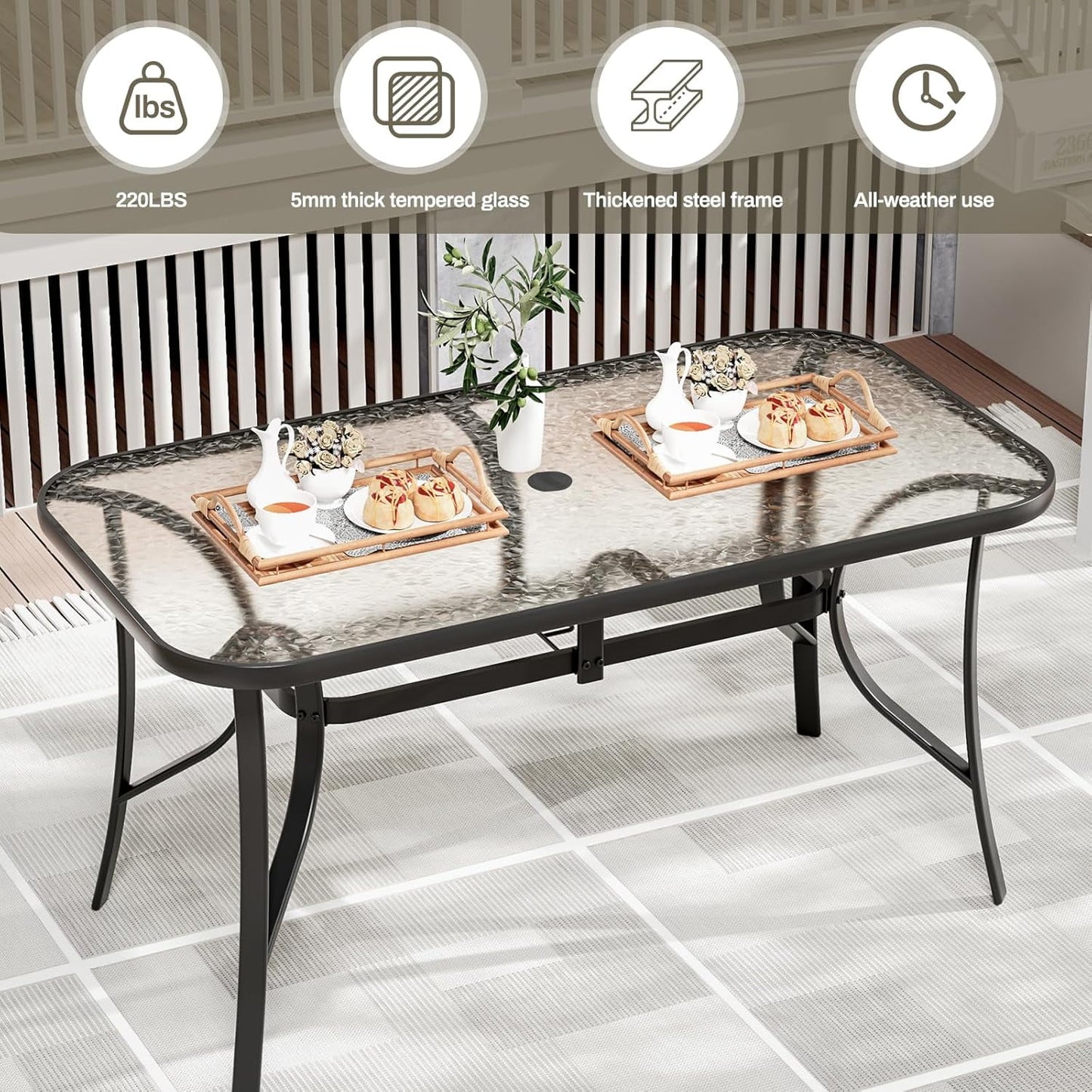 LAZY BUDDY Patio Table with 1.69'' Umbrella Hole, Rectangular Outdoor Dining Table with Tempered Glass Tabletop for 6, for Balcony Garden Deck