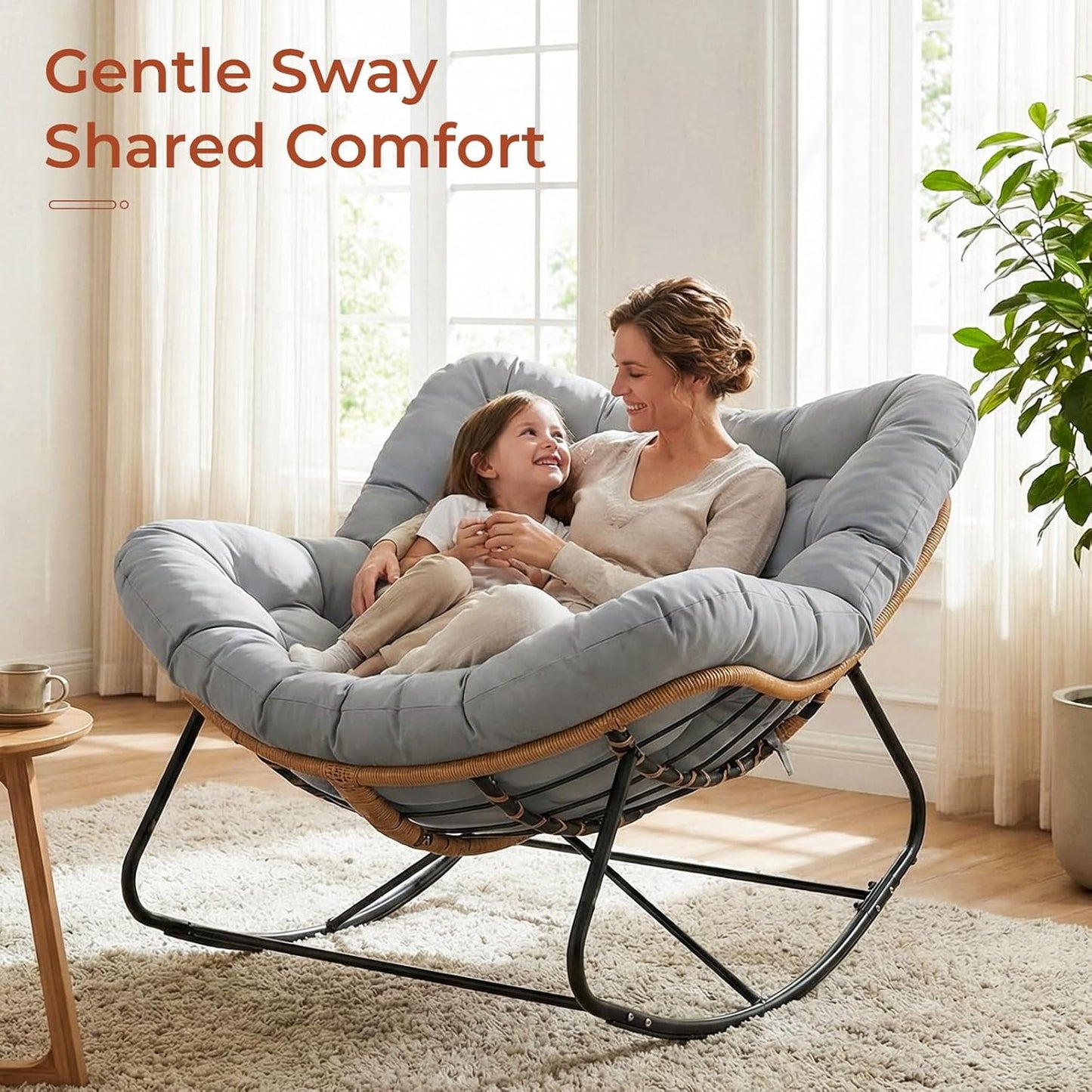 LAZY BUDDY Outdoor Papasan Rocking Chair, Oversized Lounge Chair Rocker with Thick Cushion, for Patio, Balcony, Porch and Indoor
