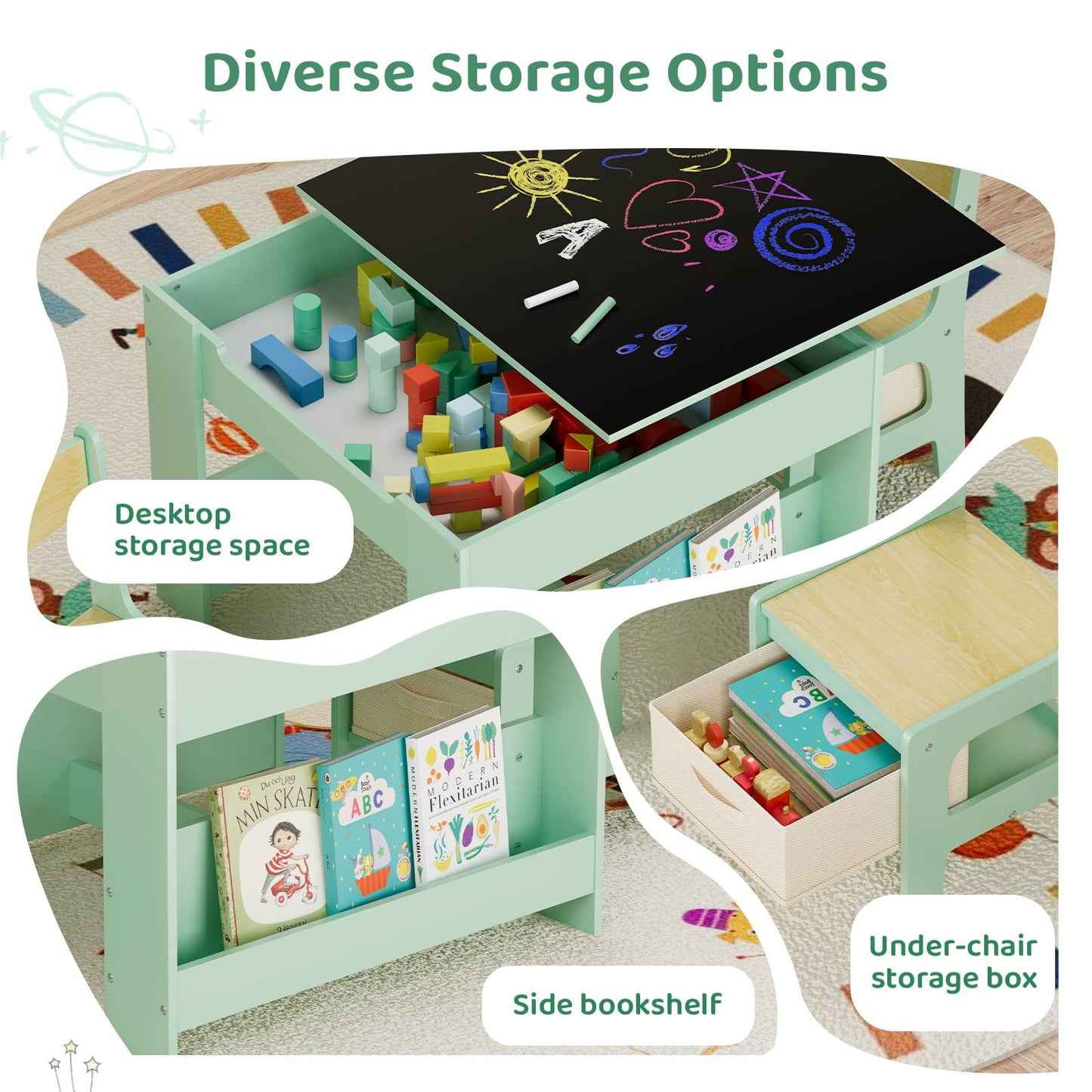 LAZY BUDDY Kids Table and Chairs Set, Toddler Desk with Storage Drawer, Wooden Activity Table Set with Detachable Tabletop, Bookshelf for Classroom/Home/Nursery