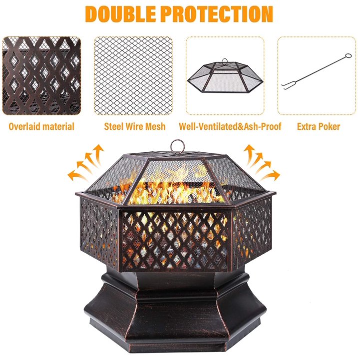 GARTIO 28"/ 30" Hex Shaped Steel Fire Pit, Wood Burning Fireplace Firepit Bowl with Spark Screen Patio Backyard Heater