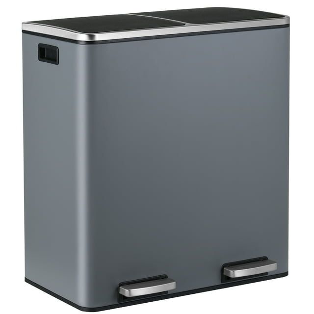 LAZY BUDDY Dual Garbage Can, Stainless Steel 16 Gallon Step Can W/ Foot Pedal, Double Compartment Garbage Recycling Bin