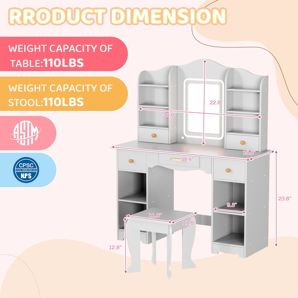 LAZY BUDDY Wooden Kids Vanity Table with Lights, Mirror and Stool, 2 in 1 Toddler Pretend Play Dressing Table with Drawers & Open Shelves for Little Girls