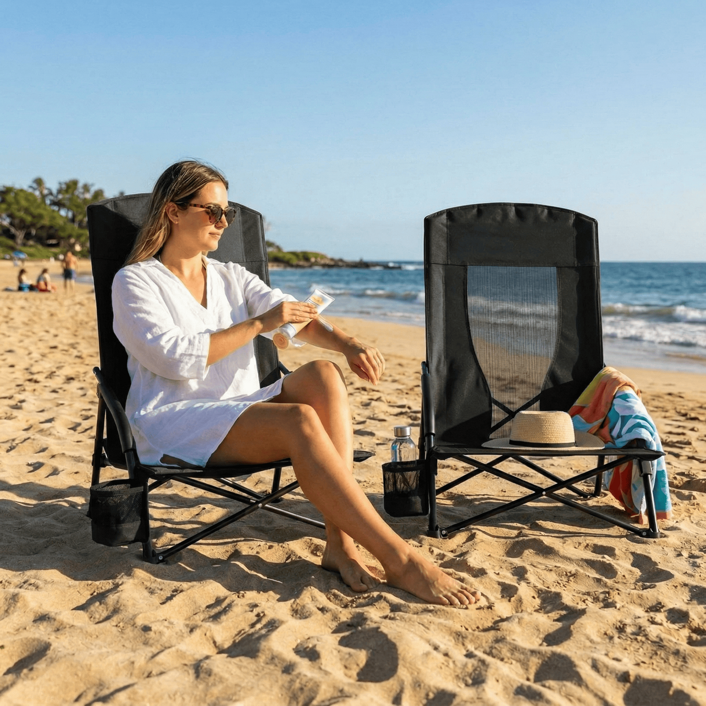LAZY BUDDY High Back Beach Chair Set of 2, Portable Folding Low Seat Chair for Camping, Beach, Outdoor Concert, 350lbs