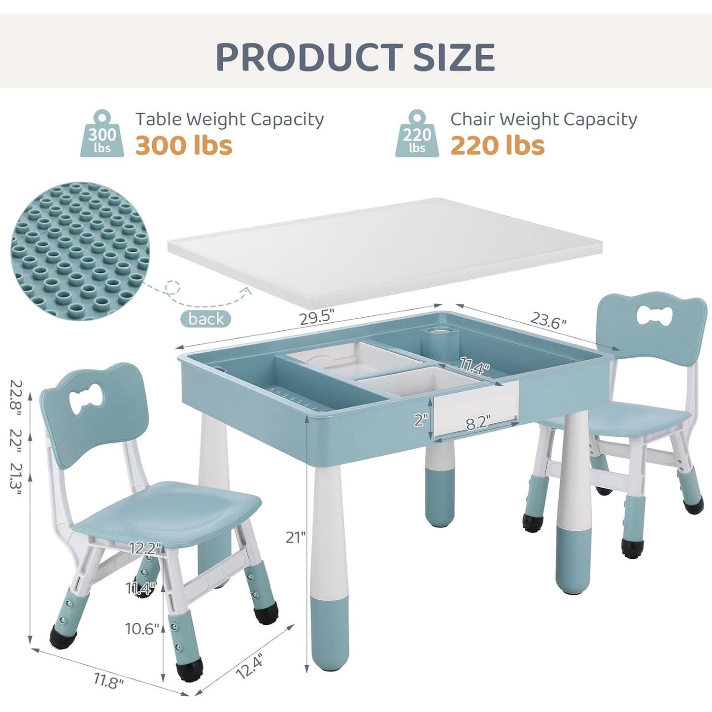 LAZY BUDDY Kids Table and Chairs Set with Storage, Height Adjustable Toddler Activity Table and 2 Chairs Set with 2 in 1 Graffiti/Block Building Desktop, for Playroom, Preschool, Classroom