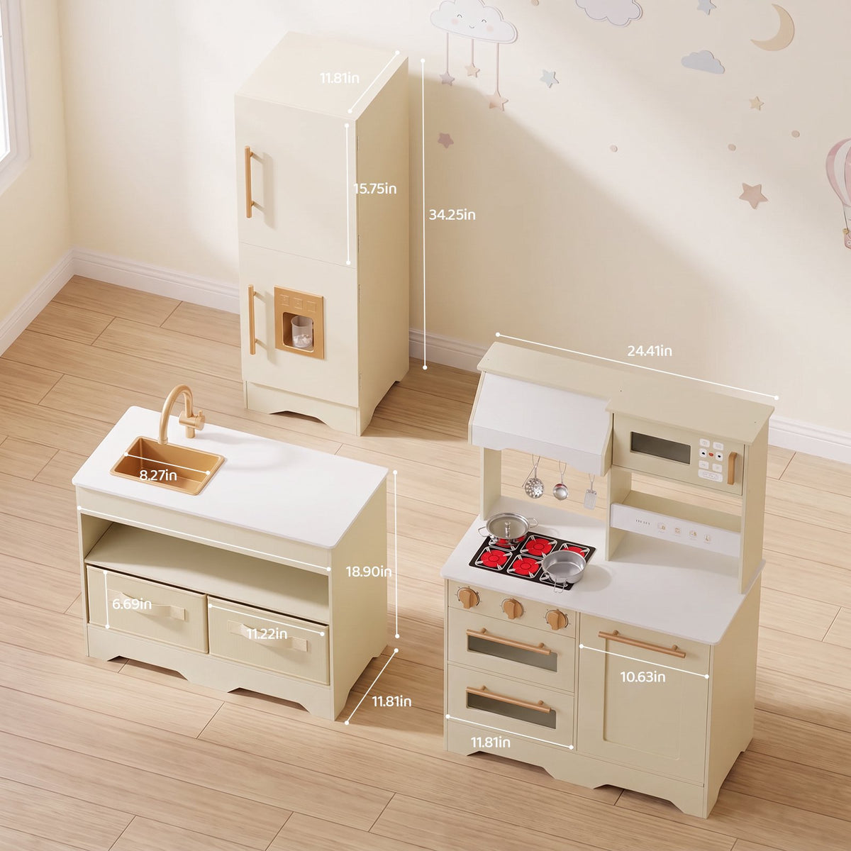 LAZY BUDDY Wooden Pretend Play Kitchen for Kids, 3-Piece Modular Kitchen Playset Toddler Interactive Toy Gift