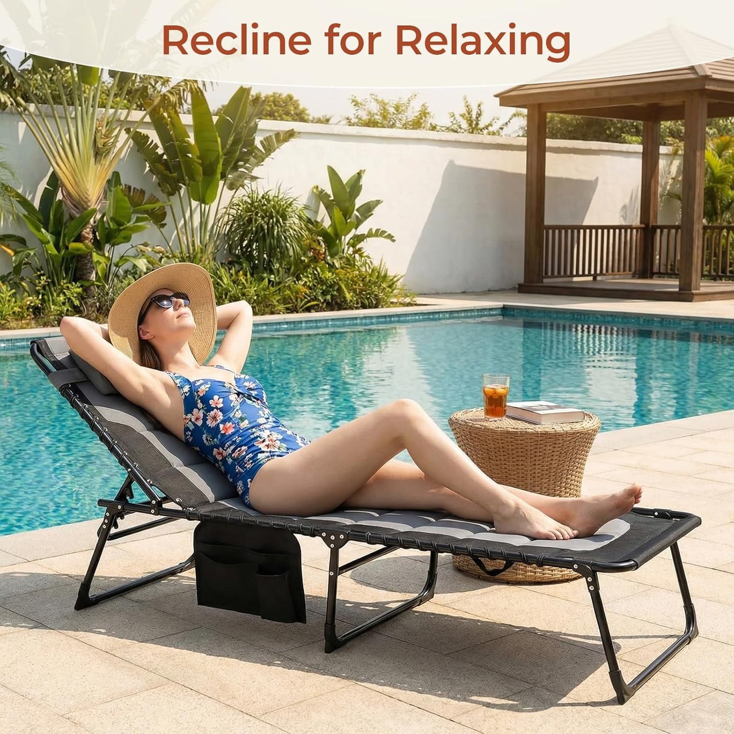 LAZY BUDDY Adjustable Padded Lounge Chair, Folding Chaise Lounger with Pillow & Side Pocket, Portable Reclining Chair with Carrying Handle for Outdoor Sunbathing, Patio, Beach, Poolside
