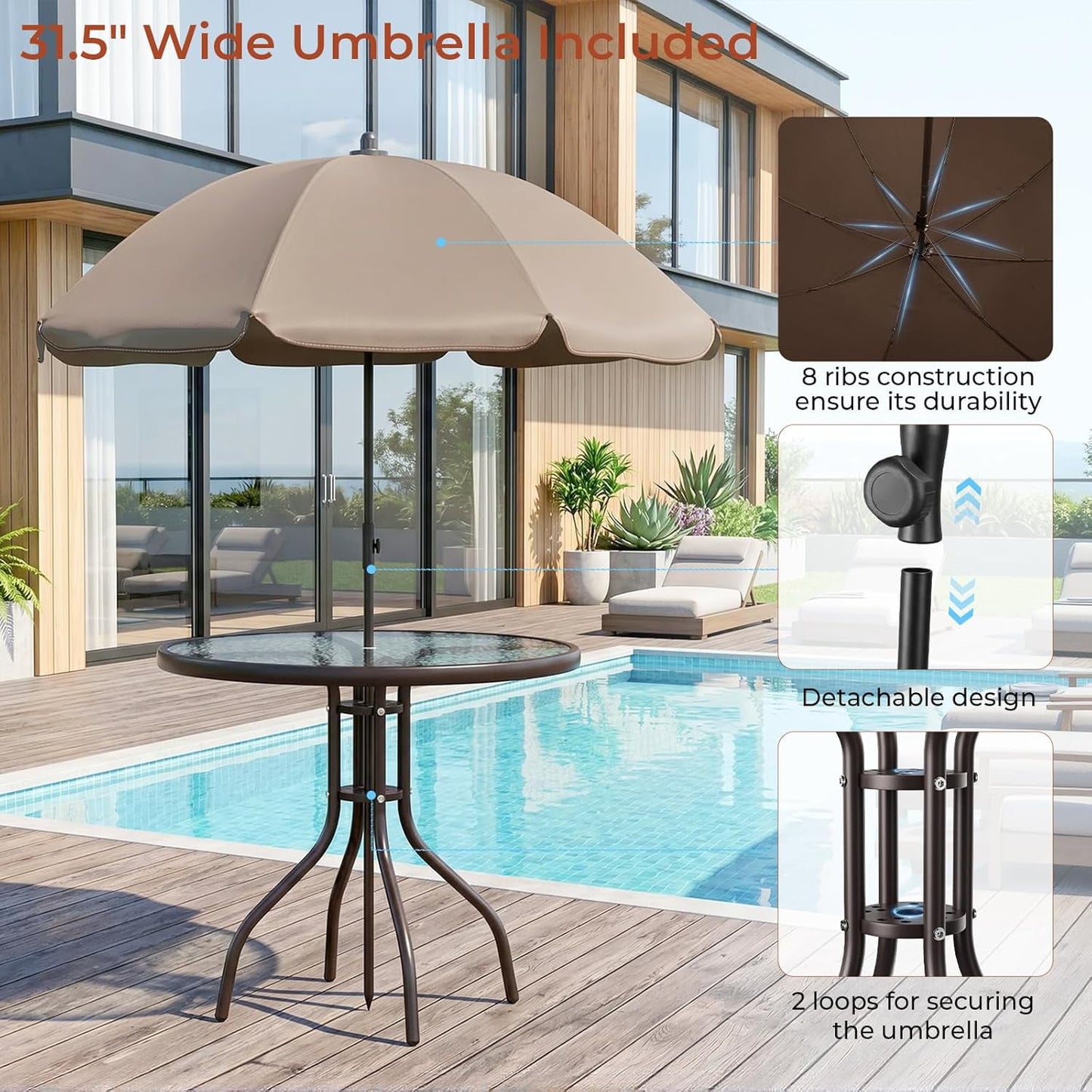 LAZY BUDDY 6-Piece Outdoor Patio Dining Set with Umbrella, All-Weather Round Glass Table with 4 Folding Chairs, Metal Frame, for Backyard Deck Garden