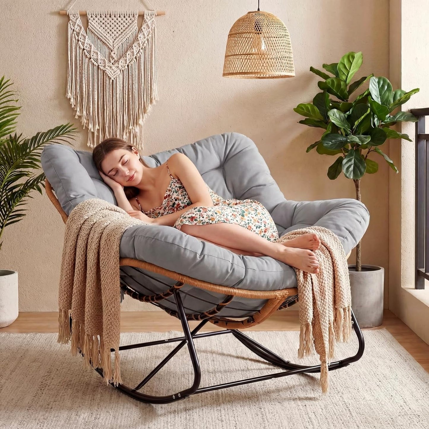 LAZY BUDDY Outdoor Papasan Rocking Chair, Oversized Lounge Chair Rocker with Thick Cushion, for Patio, Balcony, Porch and Indoor