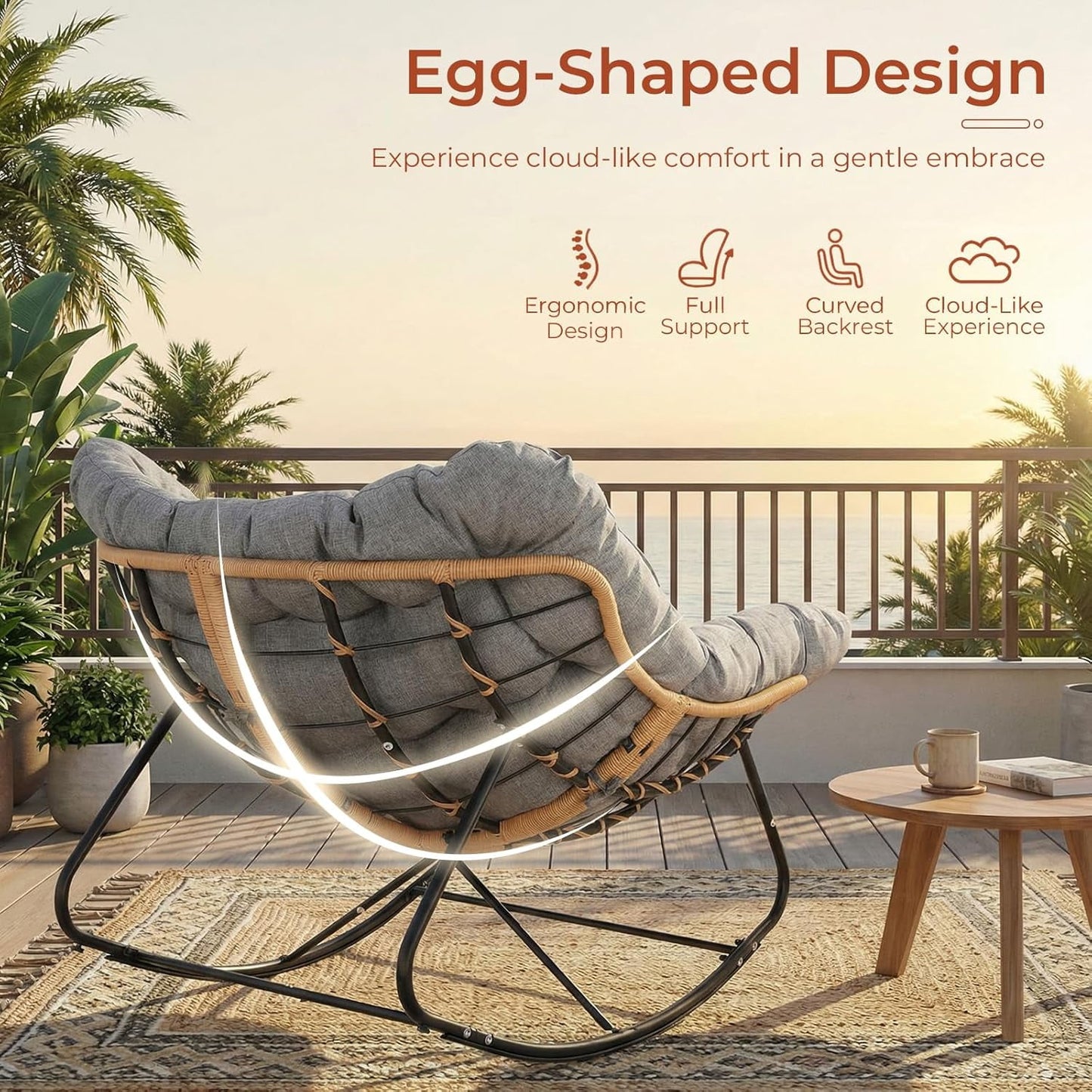 LAZY BUDDY Outdoor Papasan Rocking Chair, Oversized Lounge Chair Rocker with Thick Cushion, for Patio, Balcony, Porch and Indoor