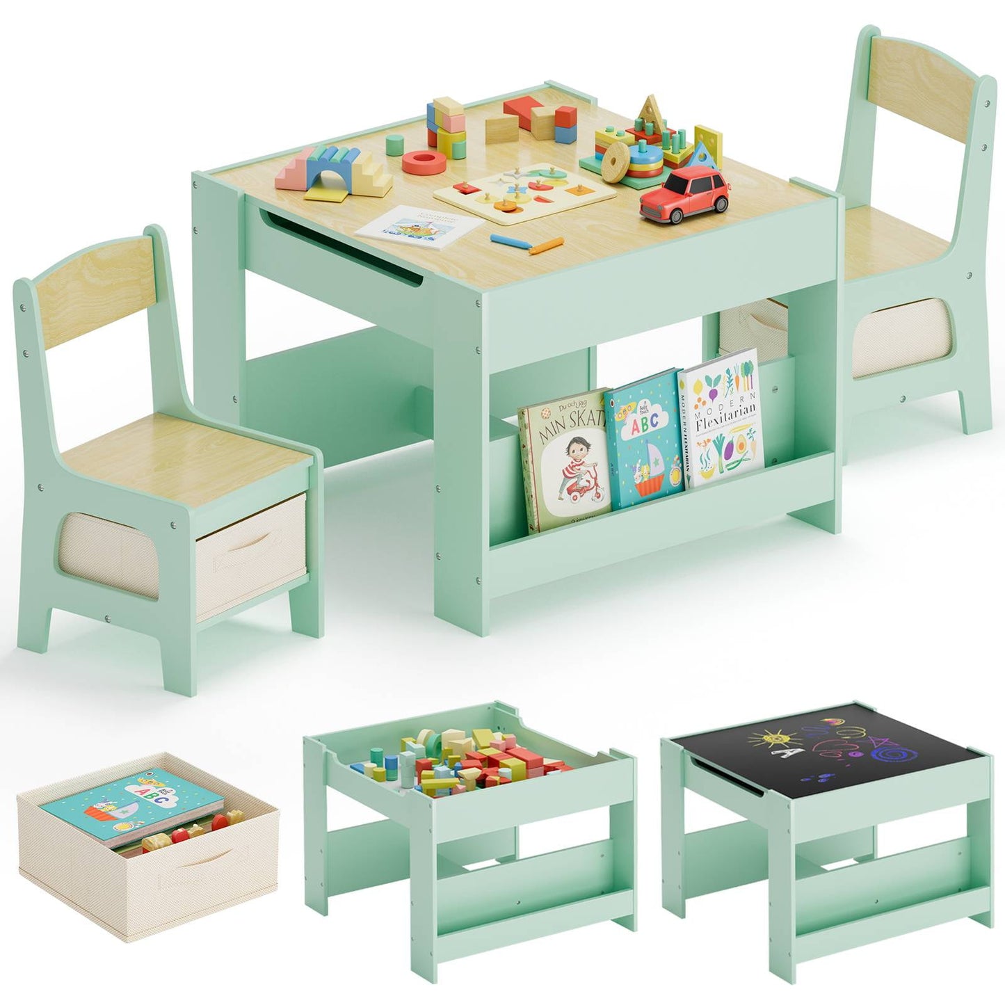LAZY BUDDY Kids Table and Chairs Set, Toddler Desk with Storage Drawer, Wooden Activity Table Set with Detachable Tabletop, Bookshelf for Classroom/Home/Nursery