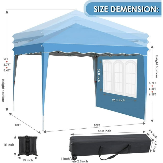 LAZY BUDDY Pop up Canopy Tent, 10x10 ft Commercial Instant Shelter Gazebo with Wheeled Bag, 4 Removable Side Walls, Blue