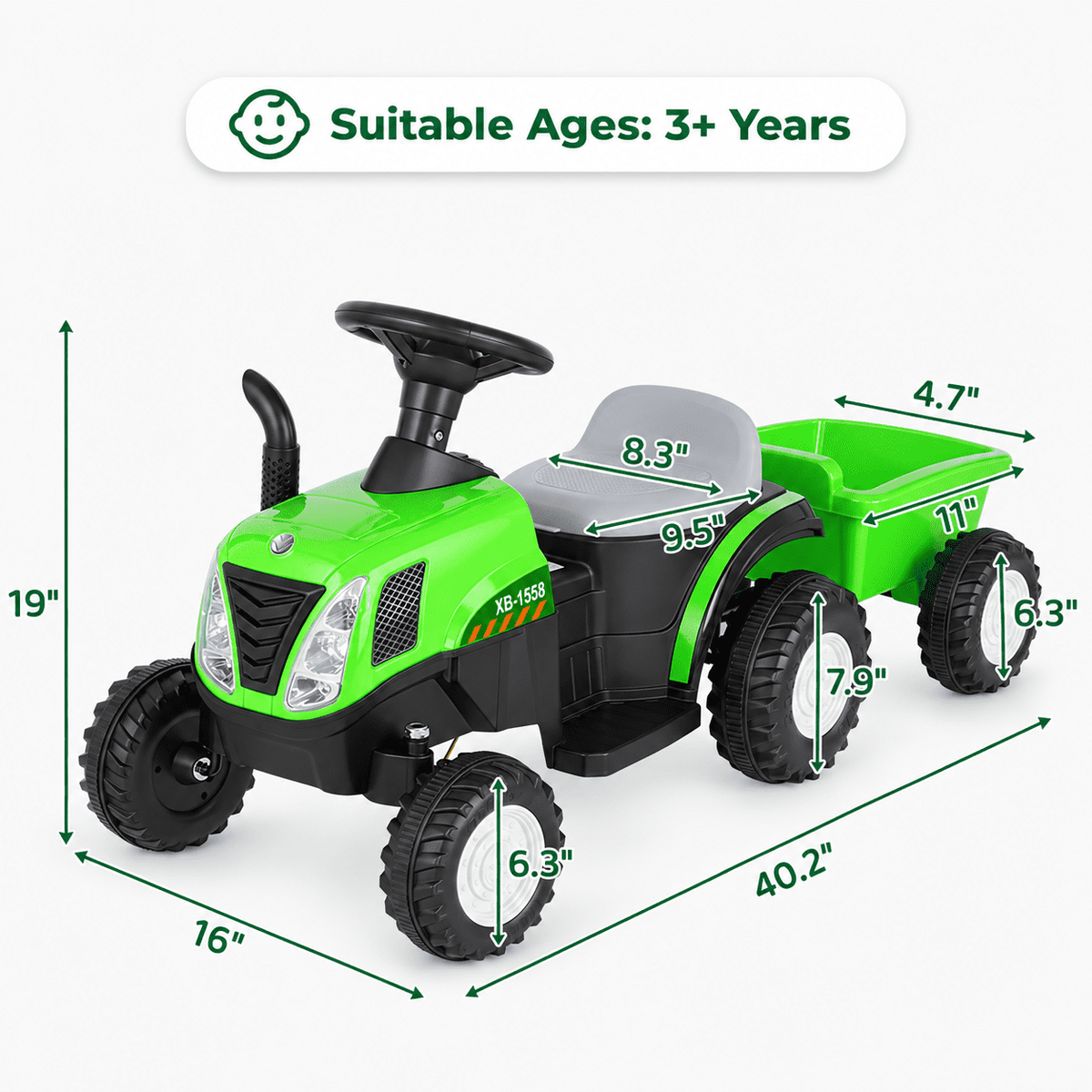 LAZY BUDDY 6V Kids Ride on Tractor with Trailer, Electric Ride on Toy for Children 3+. 55lbs