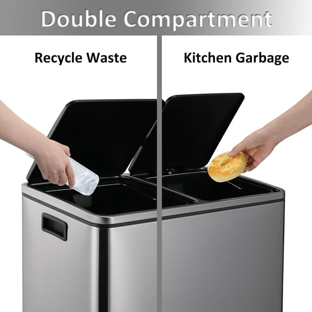 LAZY BUDDY 48L / 30L Dual Trash Can, 12.7 / 8 Gallon Stainless Steel Step Garbage Recycle Bin with Double Compartments