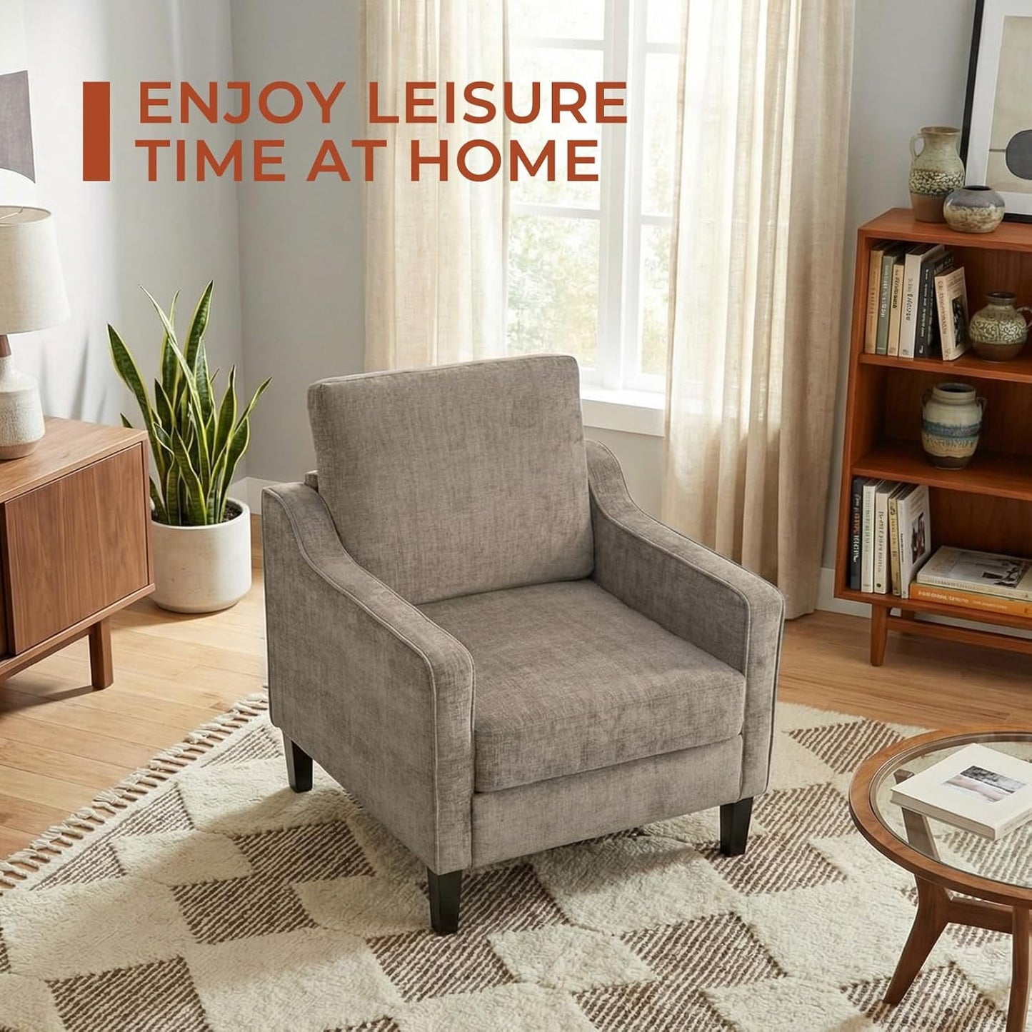 LAZY BUDDY Comfy Accent Chair for Living Room Bedroom and Waiting Room, Upholstered Mid-Century Reading Chair with Removable Cover & Wood Legs, Wide Singe Modern Lounge Sofa