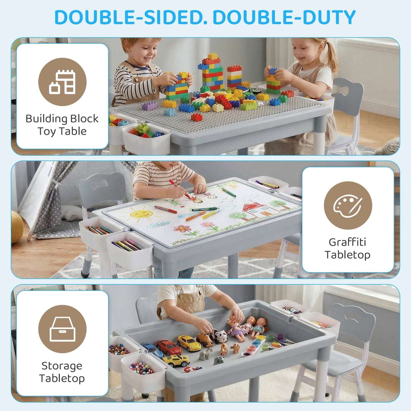 LAZY BUDDY Kids Table and Chairs Set with Storage Boxes, Height Adjustable Toddler Activity Table and 2 Chairs Set with Graffiti & Building Blocks Double-Sided Tabletop