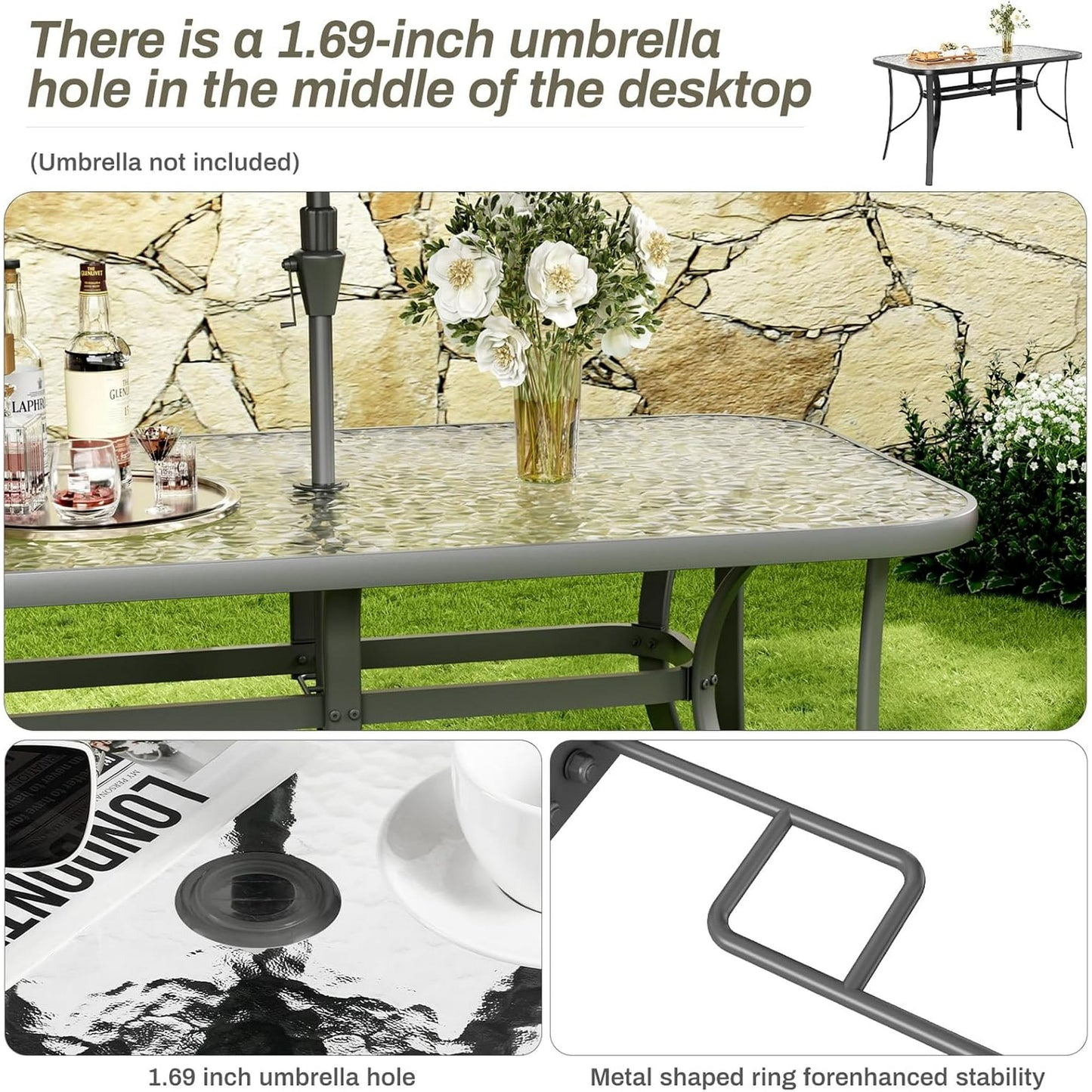 LAZY BUDDY Patio Table with 1.69'' Umbrella Hole, Rectangular Outdoor Dining Table with Tempered Glass Tabletop for 6, for Balcony Garden Deck