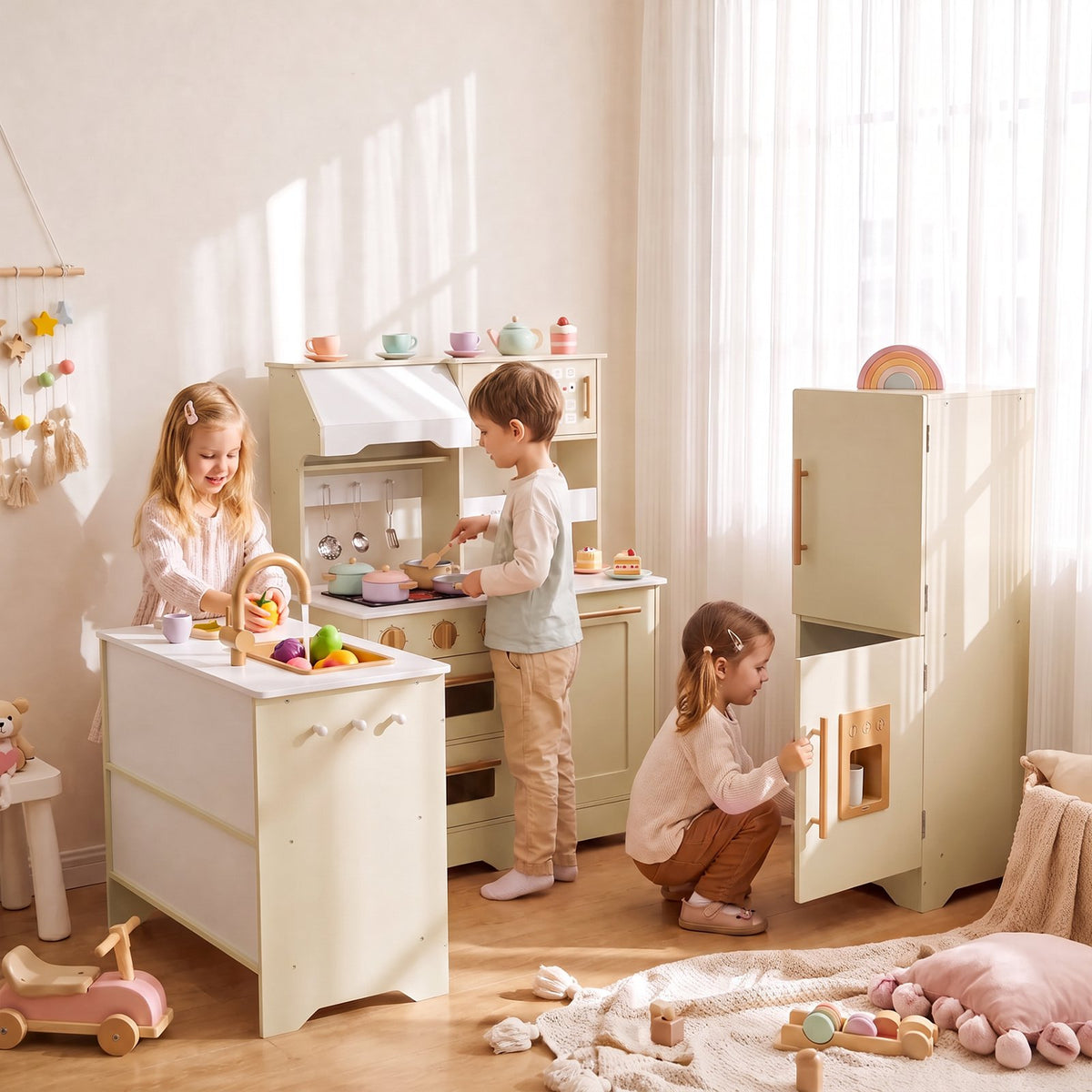 LAZY BUDDY Wooden Pretend Play Kitchen for Kids, 3-Piece Modular Kitchen Playset Toddler Interactive Toy Gift