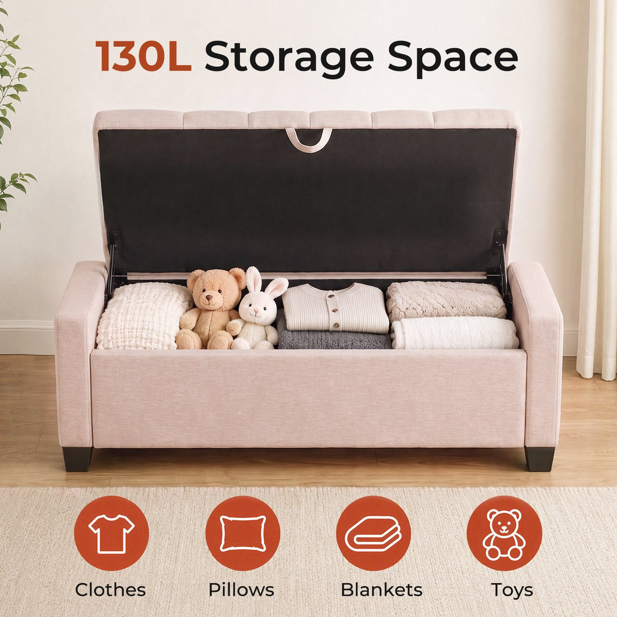 LAZY BUDDY 48'' Ottoman with Storage, Upholstered Storage Ottoman Bench with Safety Hinge, for Bedroom, Living Room, Entryway
