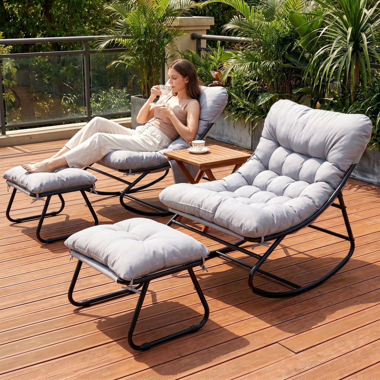 LAZY BUDDY Large Papasan Rocking Chair with Ottoman, Patio Lounge Chair Rocker with 7.4'' Thick Cushion, for Indoor Outdoor Use