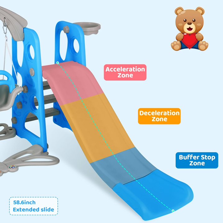 LAZY BUDDY Toddler Slide and Swing Set, 4 in 1 Kids Slide Playset with Basketball Hoop, HDPE Freestanding Playset for In/Outdoor, Blue