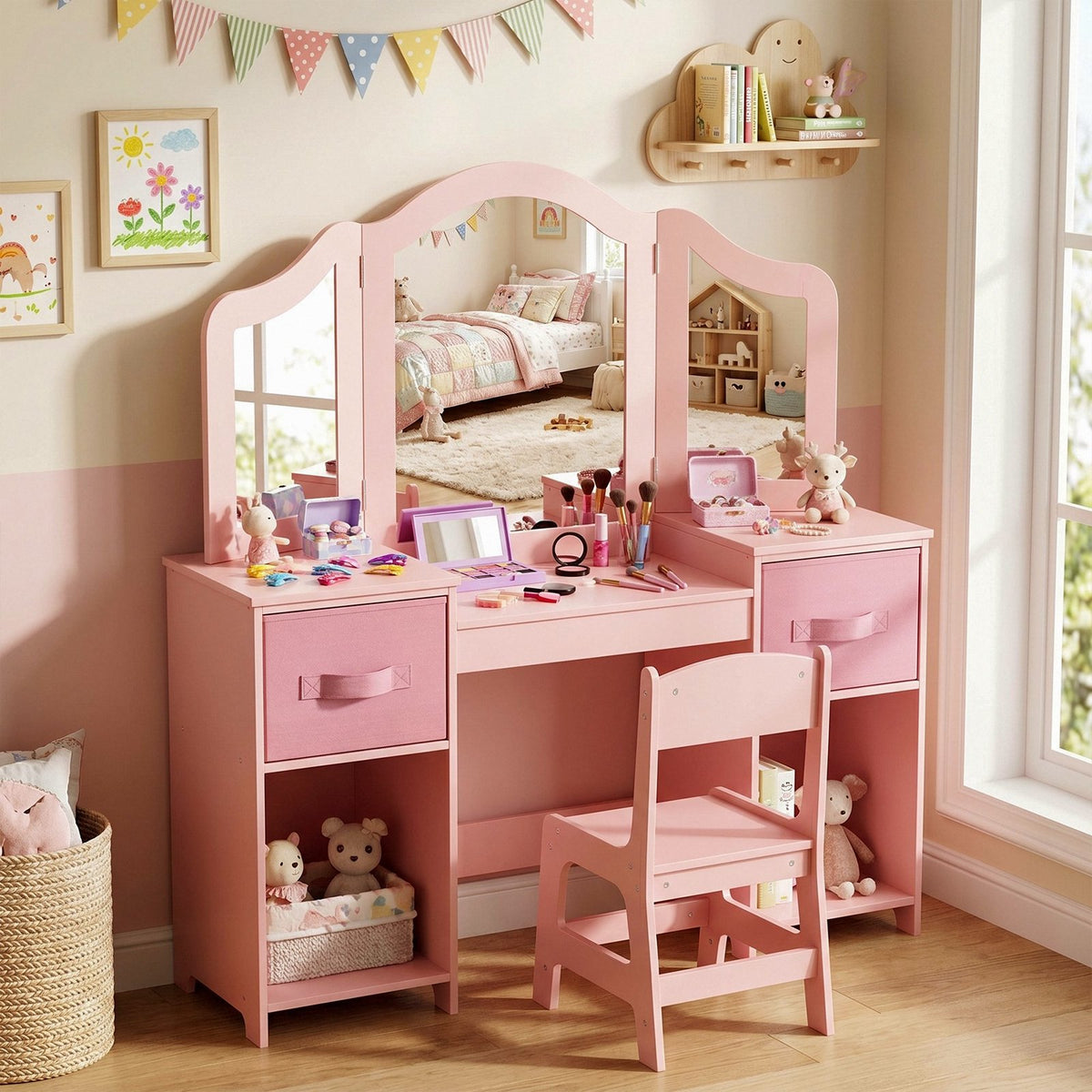 LAZY BUDDY Kids Vanity Set with Mirror and Stool, Toddler Makeup Dressing Table with Chair, Drawers & Storage Shelves, Wooden Princess Pretend Play Vanity for Girls Bedroom