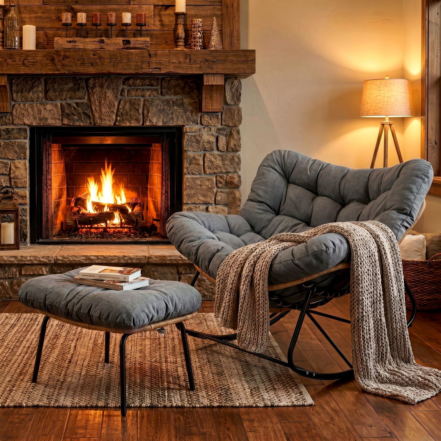 LAZY BUDDY Outdoor Rocking Chair with Ottoman, Oversized Papasan Rocking Chair with Thick Cushion, Indoor Outdoor Cozy Rocker for Balcony, Living Room, Patio