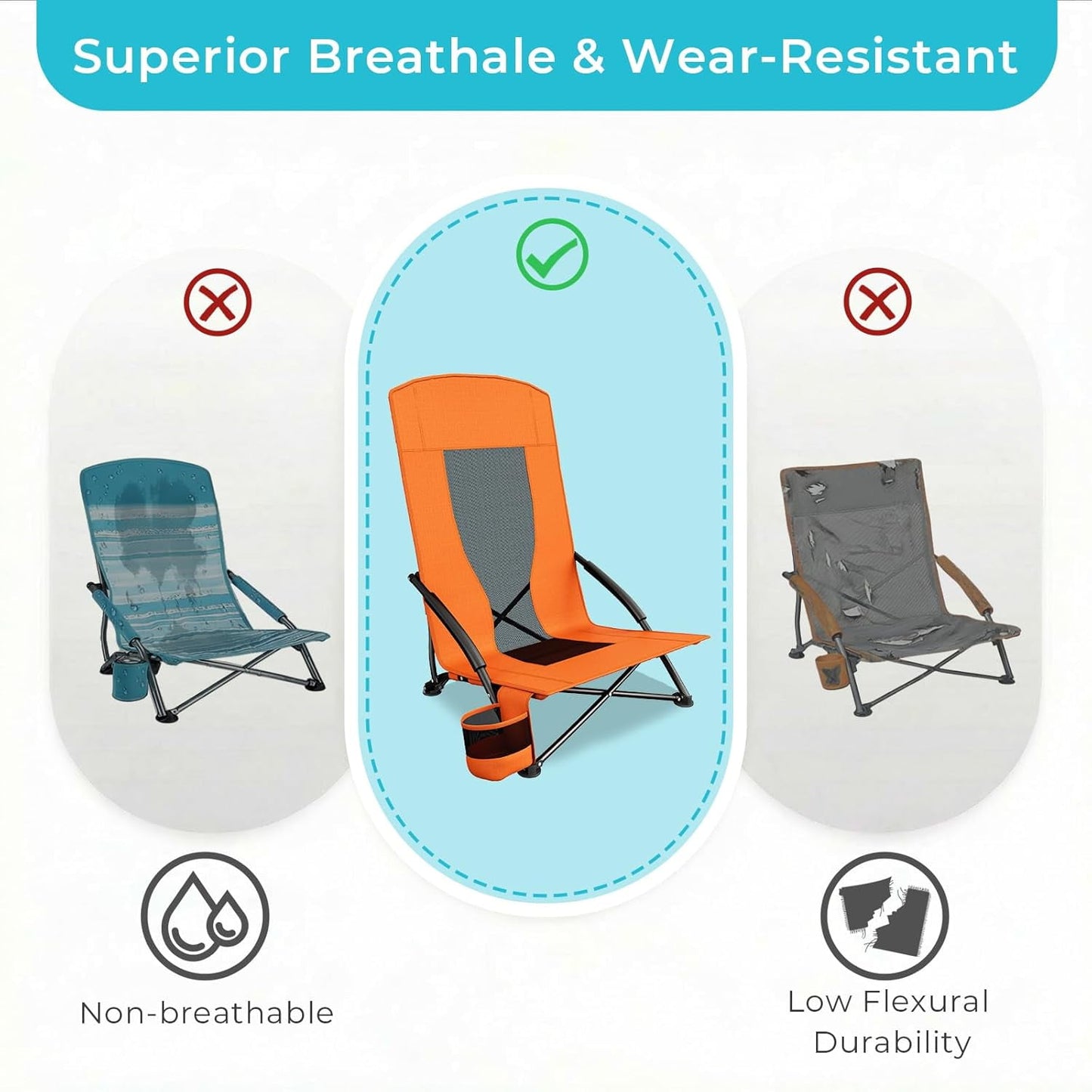 LAZY BUDDY High Back Beach Chair Set of 2, Portable Folding Low Seat Chair for Camping, Beach, Outdoor Concert, 350lbs