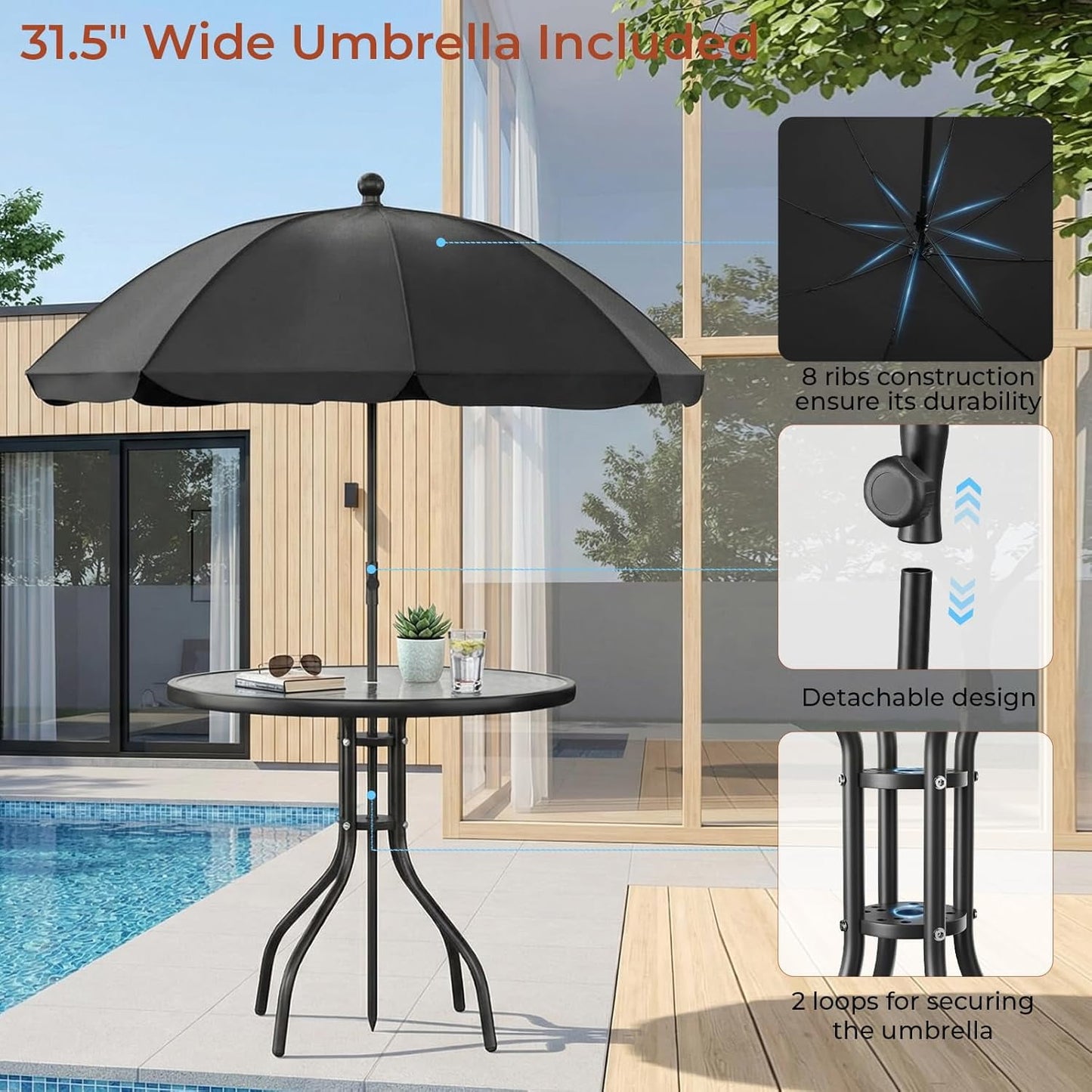 LAZY BUDDY 6-Piece Outdoor Patio Dining Set with Umbrella, All-Weather Round Glass Table with 4 Folding Chairs, Metal Frame, for Backyard Deck Garden