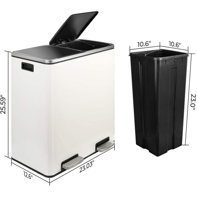 GARTIO 16 gal Dual Compartment Step Trash Can, Stainless Steel Kitchen Garbage Can Recycling Bin with Pedals