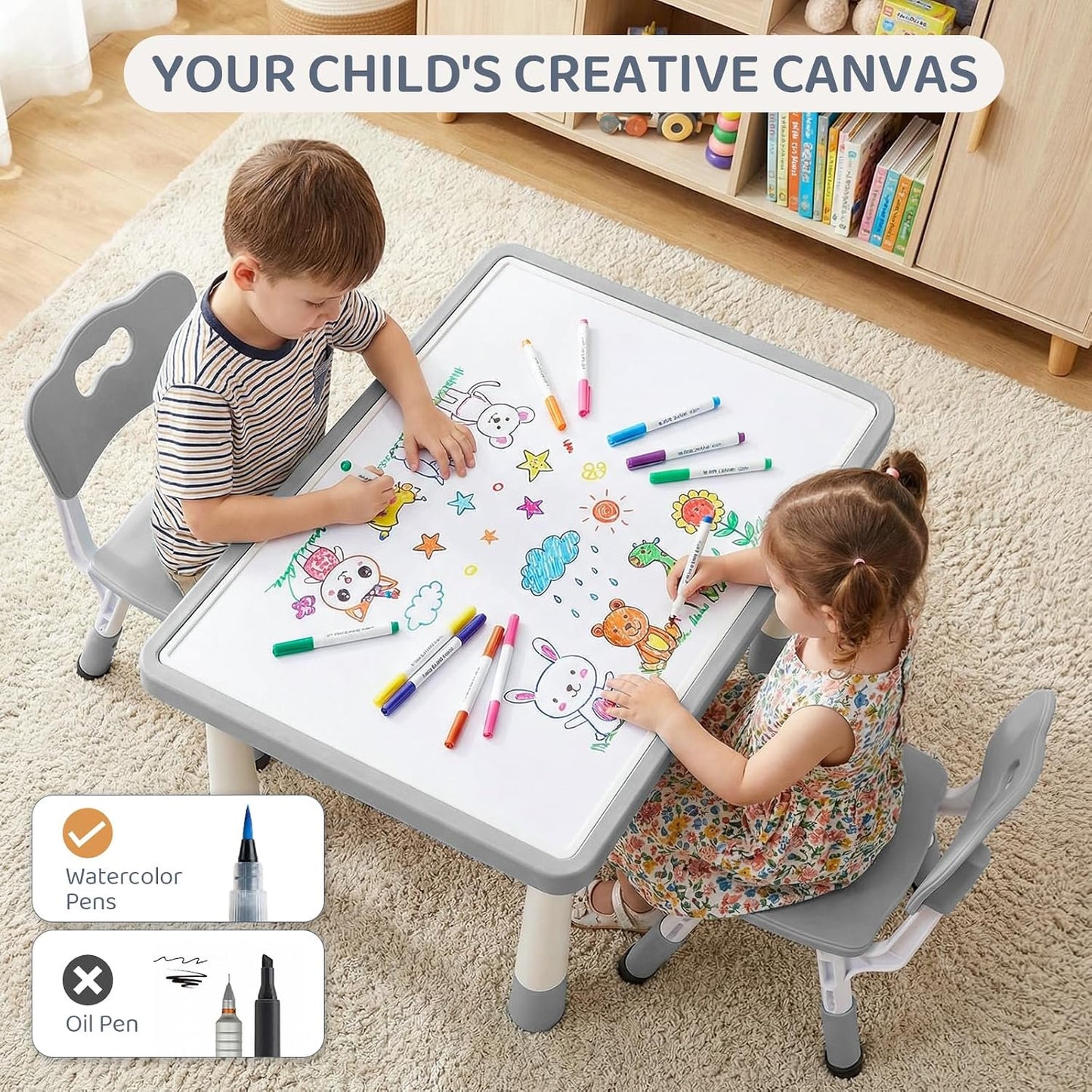 LAZY BUDDY Kids Table and Chairs Set with Storage, Height Adjustable Toddler Activity Table and 2 Chairs Set with 2 in 1 Graffiti/Block Building Desktop, for Playroom, Preschool, Classroom