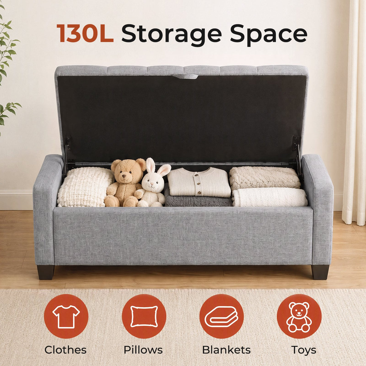 LAZY BUDDY 48'' Ottoman with Storage, Upholstered Storage Ottoman Bench with Safety Hinge, for Bedroom, Living Room, Entryway