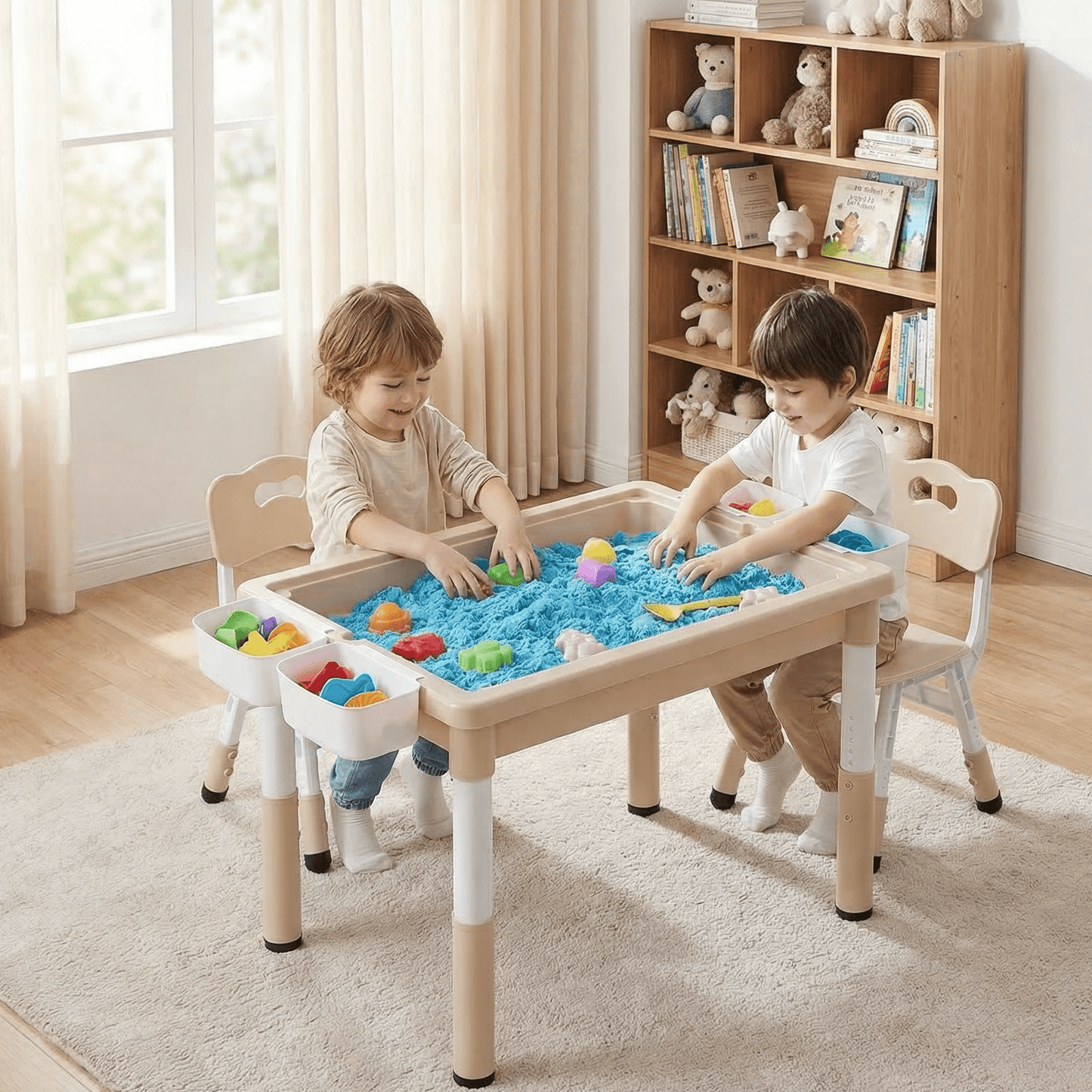 LAZY BUDDY Kids Table and Chairs Set with Storage Boxes, Height Adjustable Toddler Activity Table and 2 Chairs Set with Graffiti & Building Blocks Double-Sided Tabletop