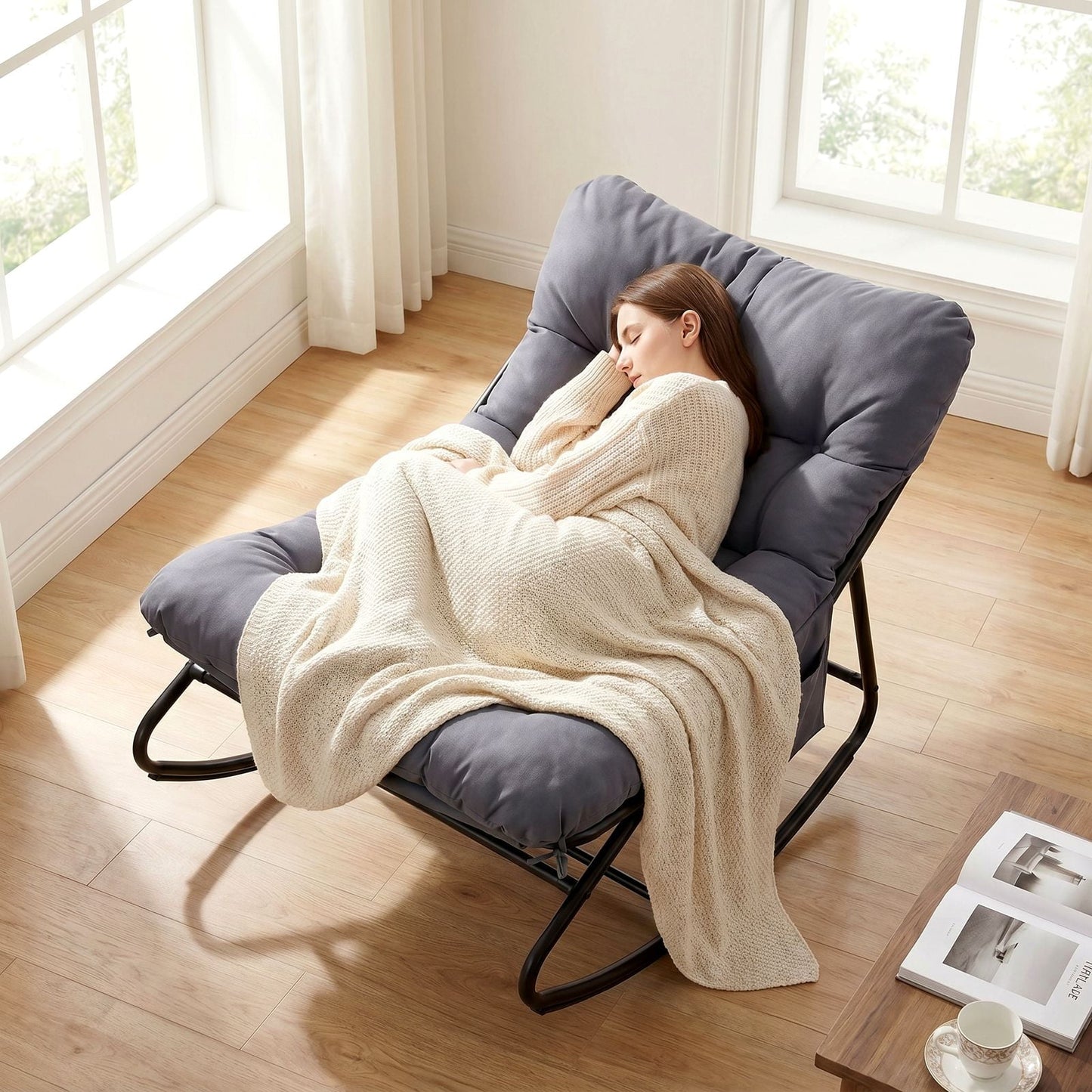 LAZY BUDDY Oversized Outdoor Rocking Chair, Comfy Papasan Rocker Chair with Thick Cushions for Living Room, Bedroom, Balcony, Patio