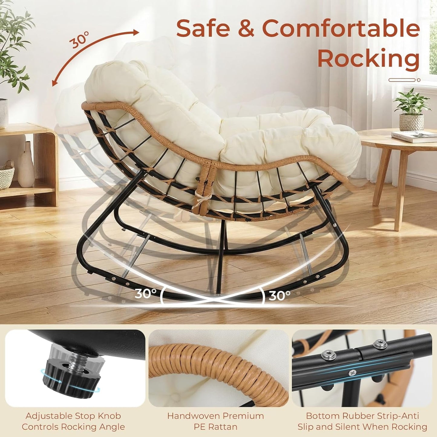 LAZY BUDDY Outdoor Papasan Rocking Chair, Oversized Lounge Chair Rocker with Thick Cushion, for Patio, Balcony, Porch and Indoor