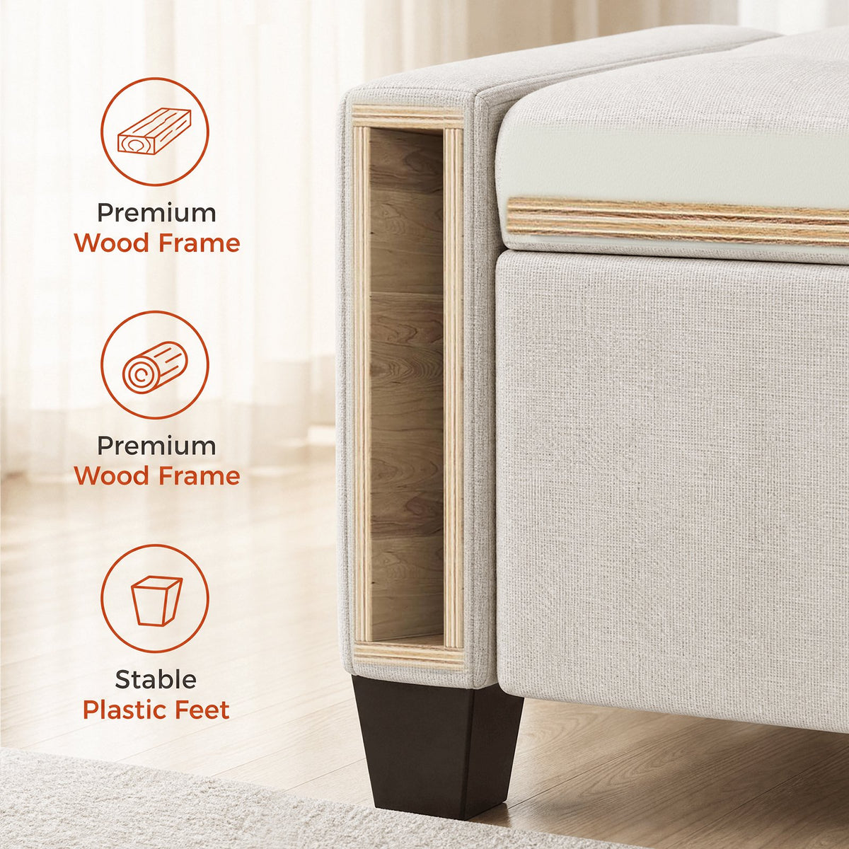 LAZY BUDDY 48'' Ottoman with Storage, Upholstered Storage Ottoman Bench with Safety Hinge, for Bedroom, Living Room, Entryway