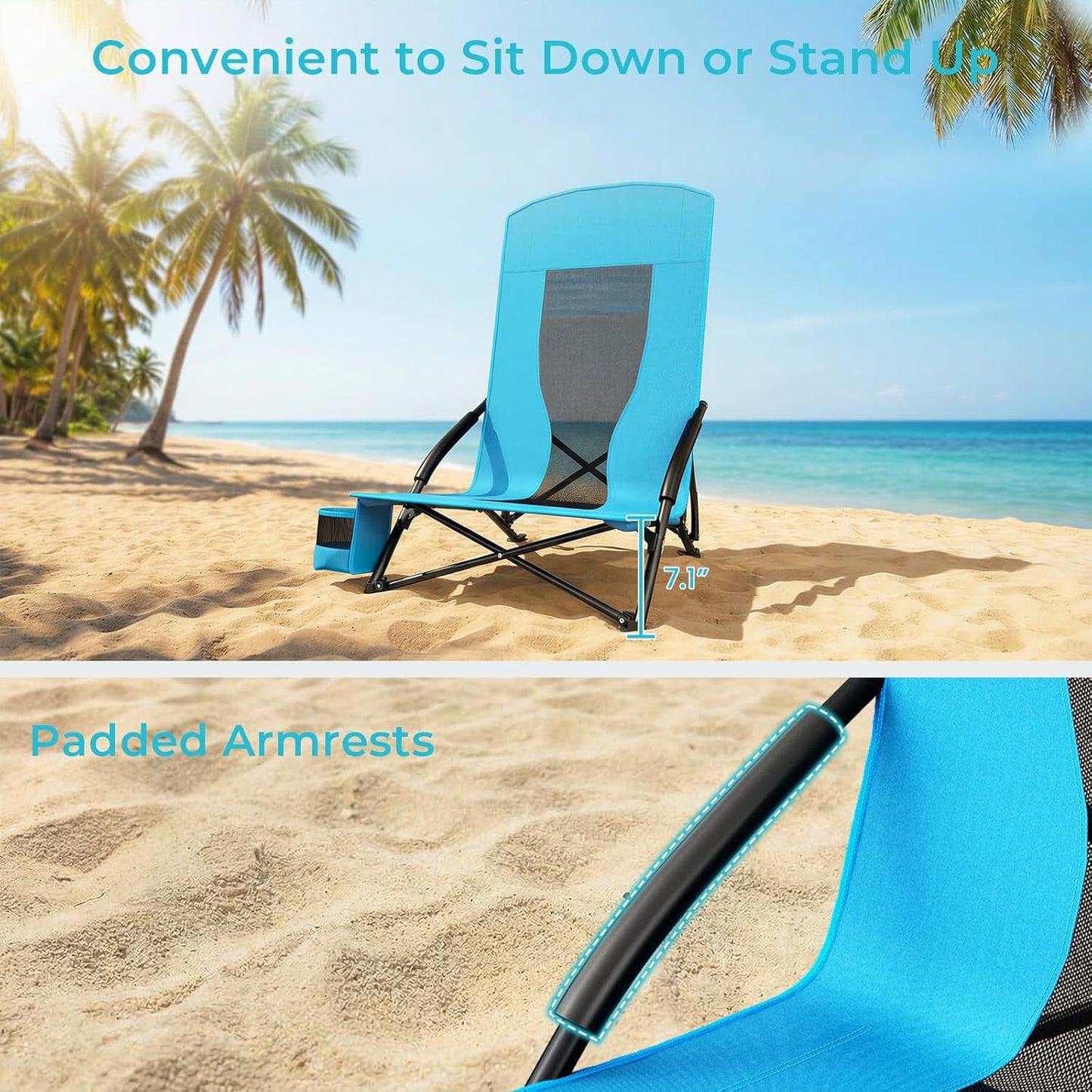 LAZY BUDDY High Back Beach Chair Set of 2, Portable Folding Low Seat Chair for Camping, Beach, Outdoor Concert, 350lbs