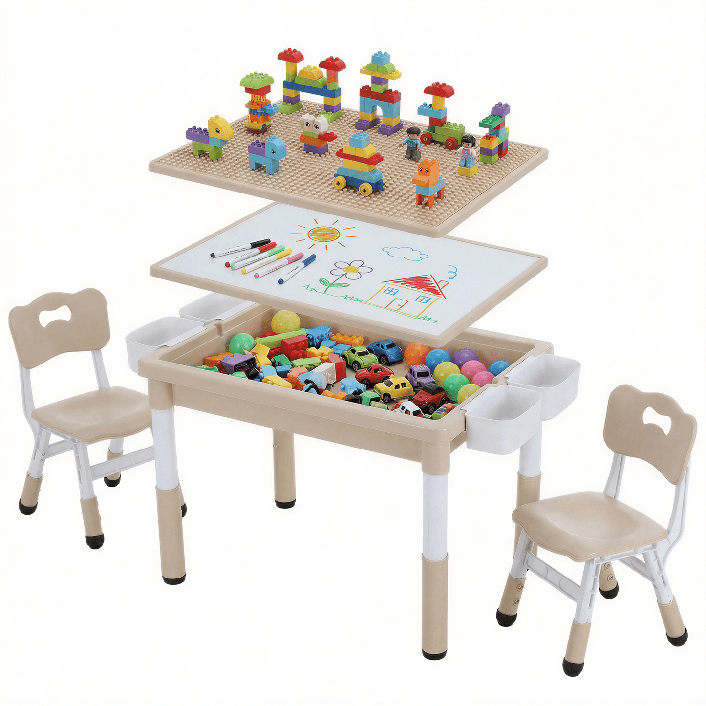 LAZY BUDDY Kids Table and Chairs Set with Storage Boxes, Height Adjustable Toddler Activity Table and 2 Chairs Set with Graffiti & Building Blocks Double-Sided Tabletop