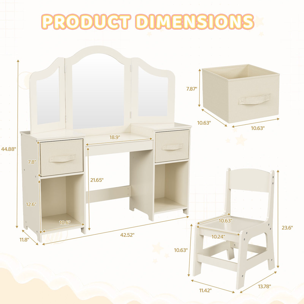 LAZY BUDDY Kids Vanity Set, 2 in 1 Princess Makeup Desk and Chair Set with Canvas Drawers Tri-Folding Detachable Mirror Large Storage Shelves, Wooden Dressing Table, Pretend Play Vanity Set
