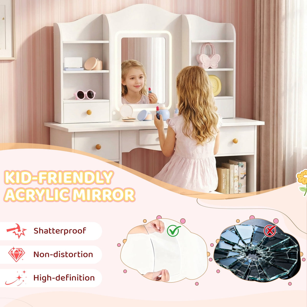 LAZY BUDDY Wooden Kids Vanity Table with Lights, Mirror and Stool, 2 in 1 Toddler Pretend Play Dressing Table with Drawers & Open Shelves for Little Girls