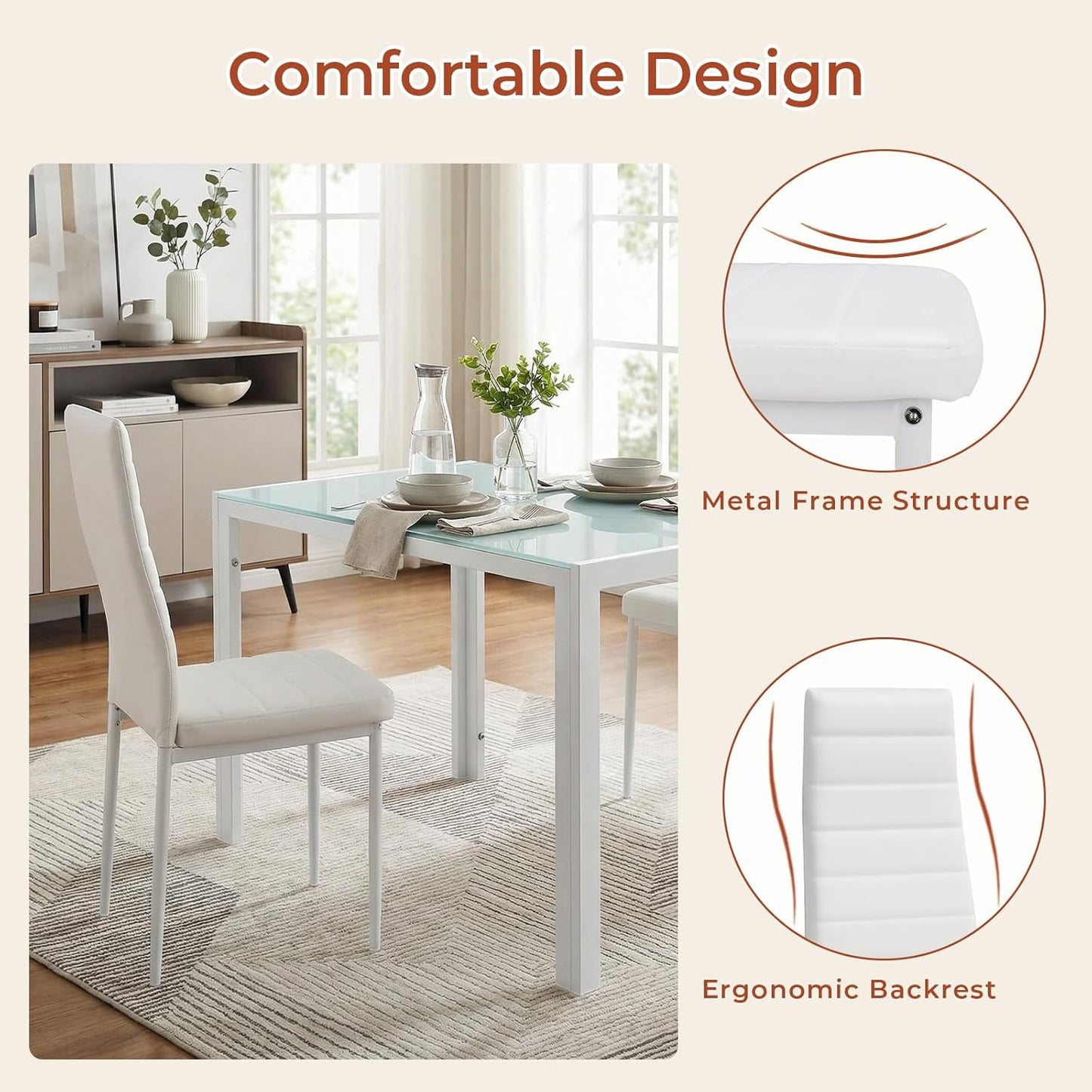 LAZY BUDDY 5-Piece Kitchen Dining Table Set, Modern Table and 4 Faux Leather Chairs with Tempered Glass Tabletop for Dining Room